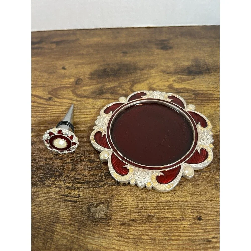Bombay Scarlett Wine Coaster & Bottle Stopper Set Red Enamel Silver Tone Gift